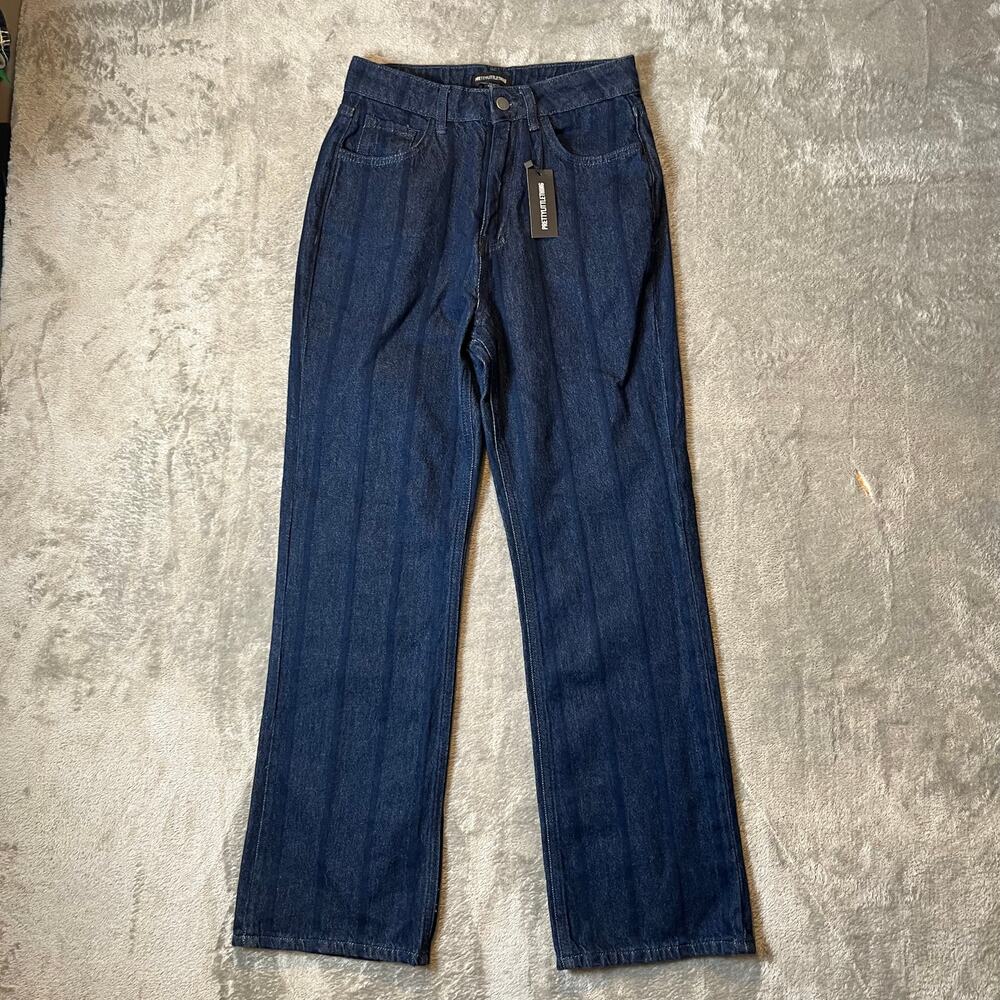 PrettyLittleThing Indigo Wash Stripe Denim Straight Leg Jeans Size 4 New